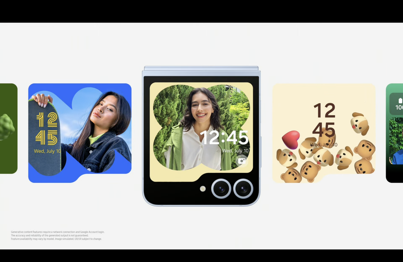 Three customizable watch faces displayed on a Samsung Galaxy Flip phone, showcasing different themes including a skateboard, a girl with a green jacket, and multiple dog emojis