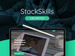 Stackskills ad with laptop screen showing ipad and stylus