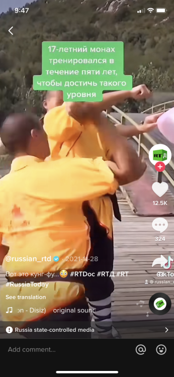 A screenshot of a TikTok from the official RT account shown with a 