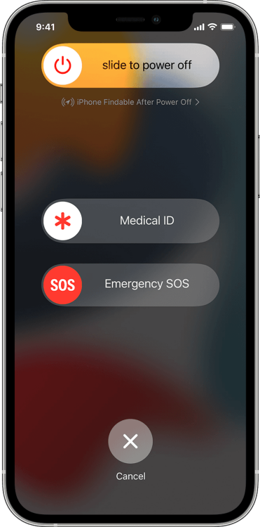 The power off button as well as the SOS button and Medical ID button on the iPhone home screen