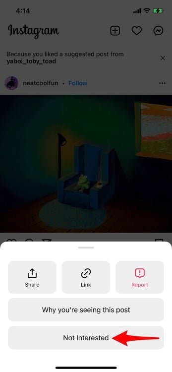 instagram screenshot selecting not interested on suggested post