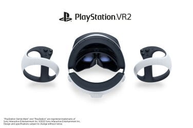 A rear-facing photo of the PlayStation VR2 headset and its PS VR2 Sense controllers.