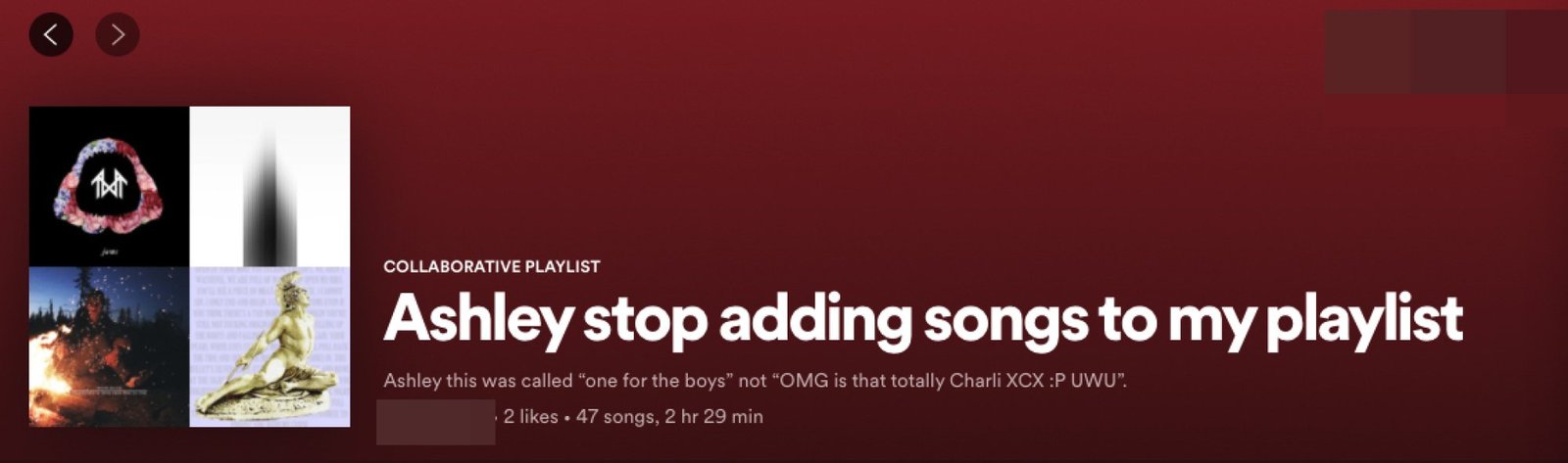 A Spotify playlist titled, "Ashley stop adding songs to my playlist"