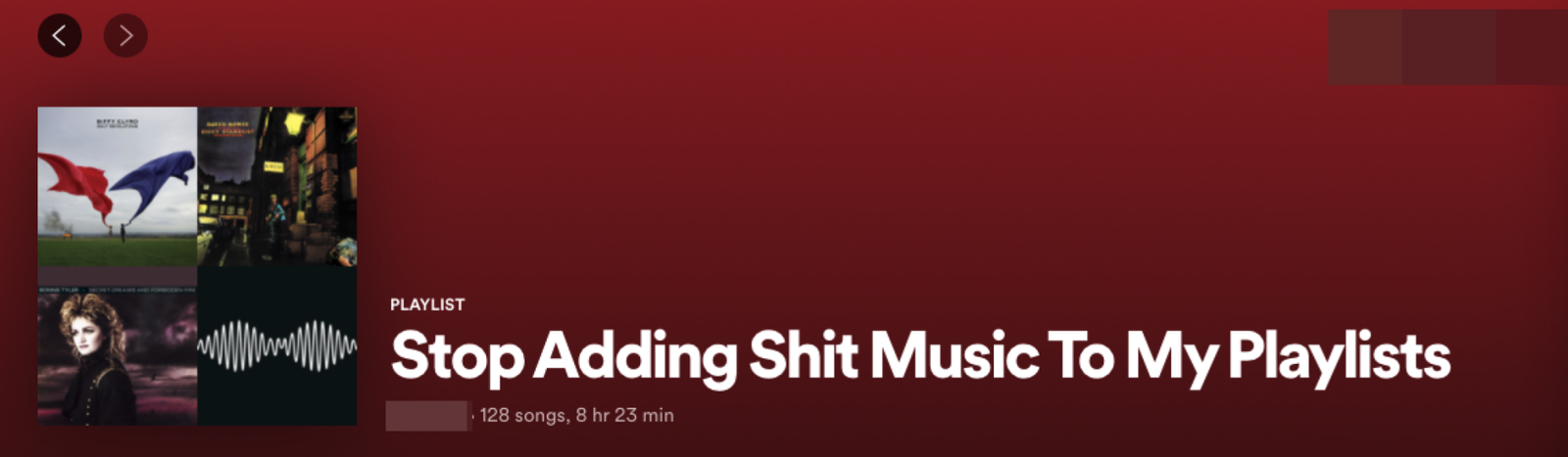 A Spotify playlist titled "Stop adding shit music to my playlist