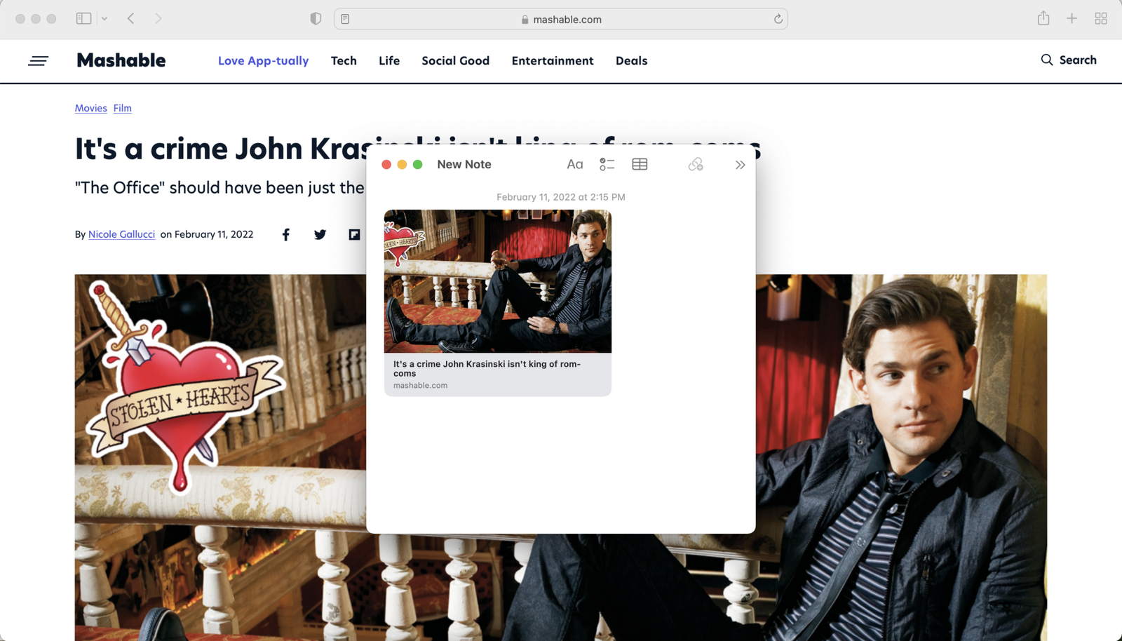 screenshot of Linked Quick Note. the link is john krasinski looking off camera