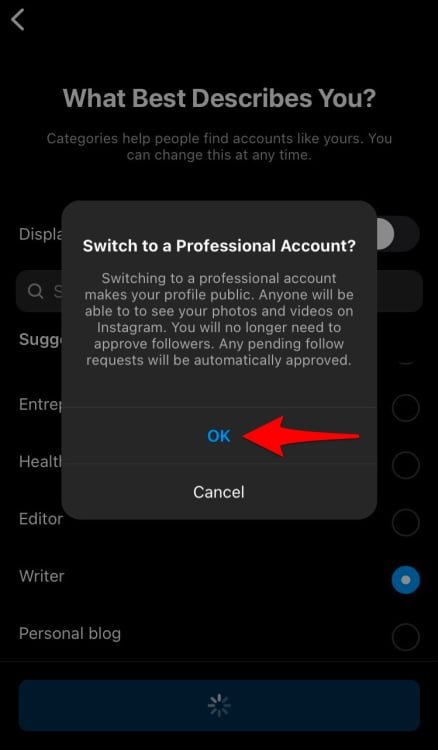 Arrow pointing to "OK."