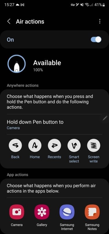 A screenshot of the Samsung Air actions menu.