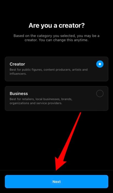 Arrow pointing to "Next."