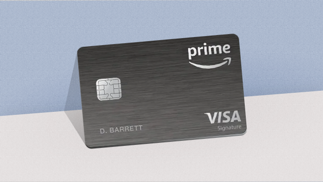The gray Amazon Prime Rewards Visa Signature Card sits propped up against a wall.