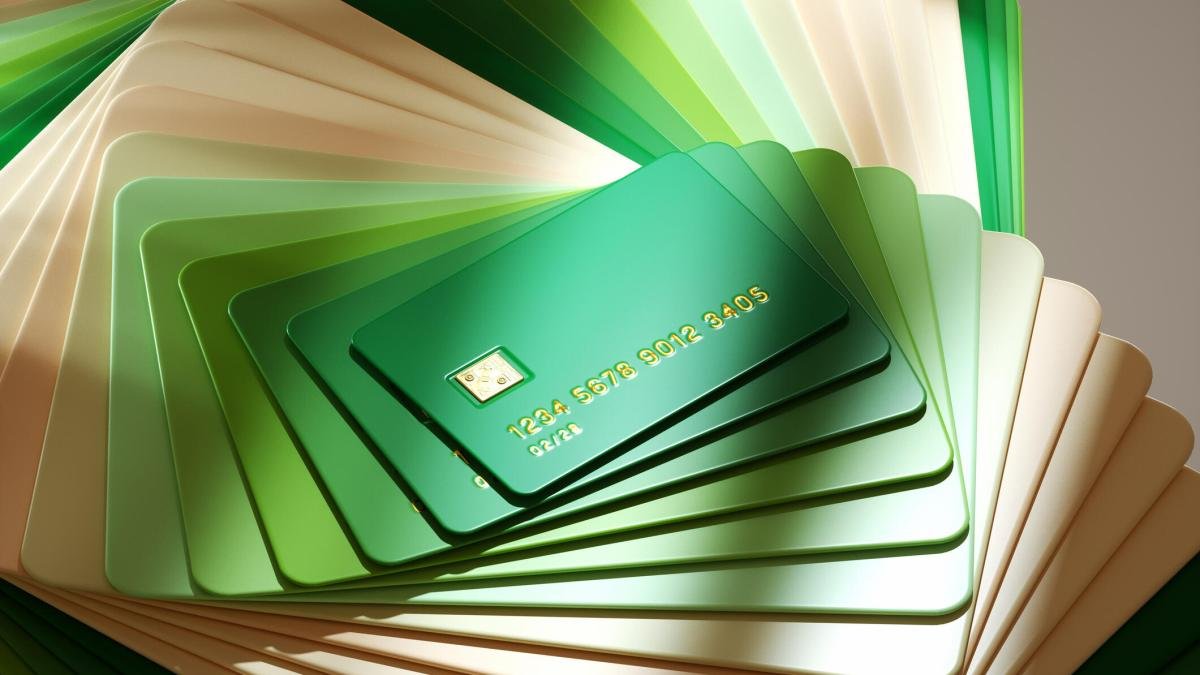 Green credit cards in a spiral.