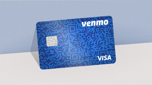 The blue Venmo Credit Card sits propped up against a wall.