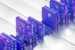 Purple credit cards in a line
