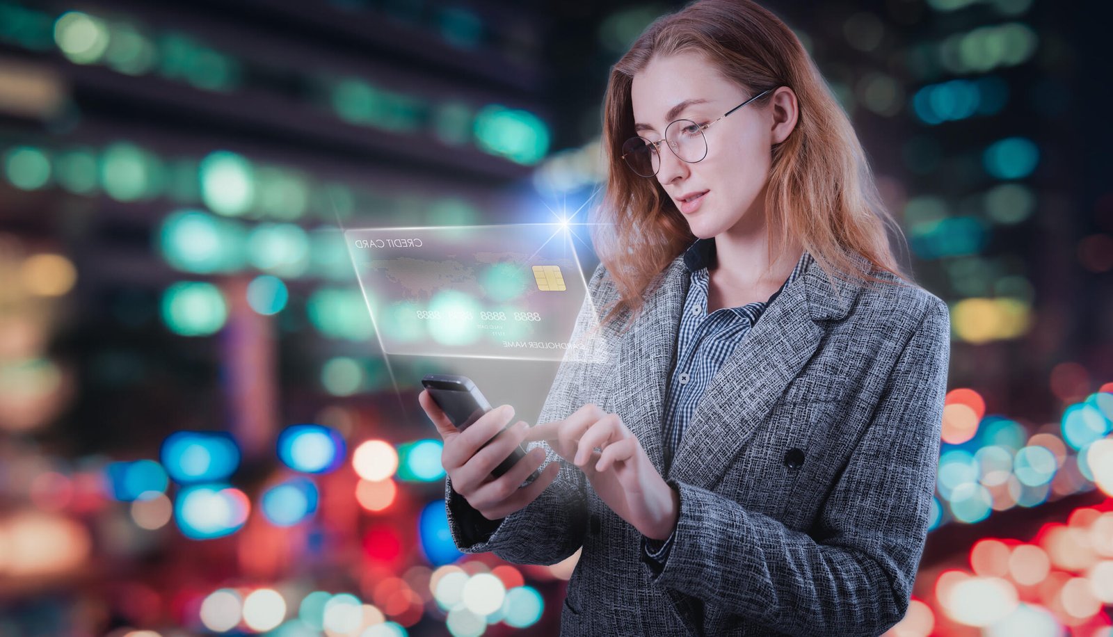 a woman using a virtual card on a smartphone