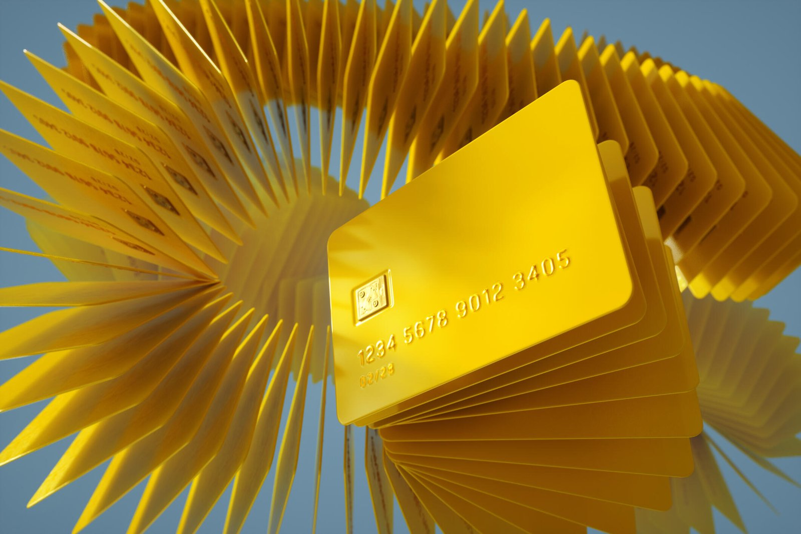 Spiral array of yellow credit cards