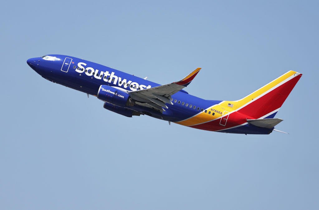 A Southwest Airlines plane taking off.