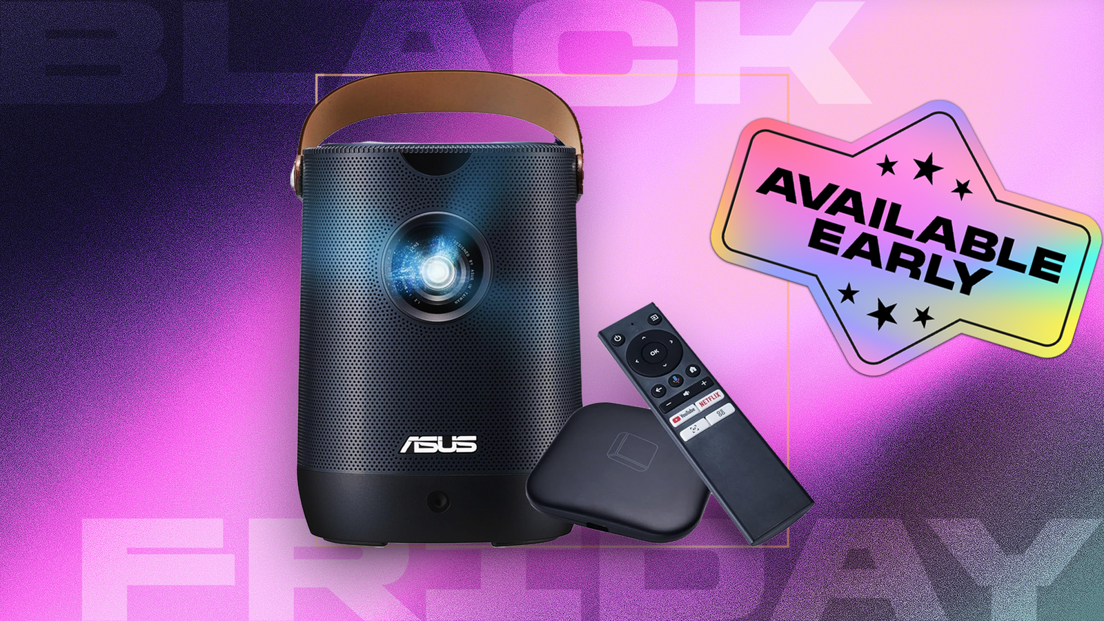 Black portable projector and remote displayed against a gradient purple background