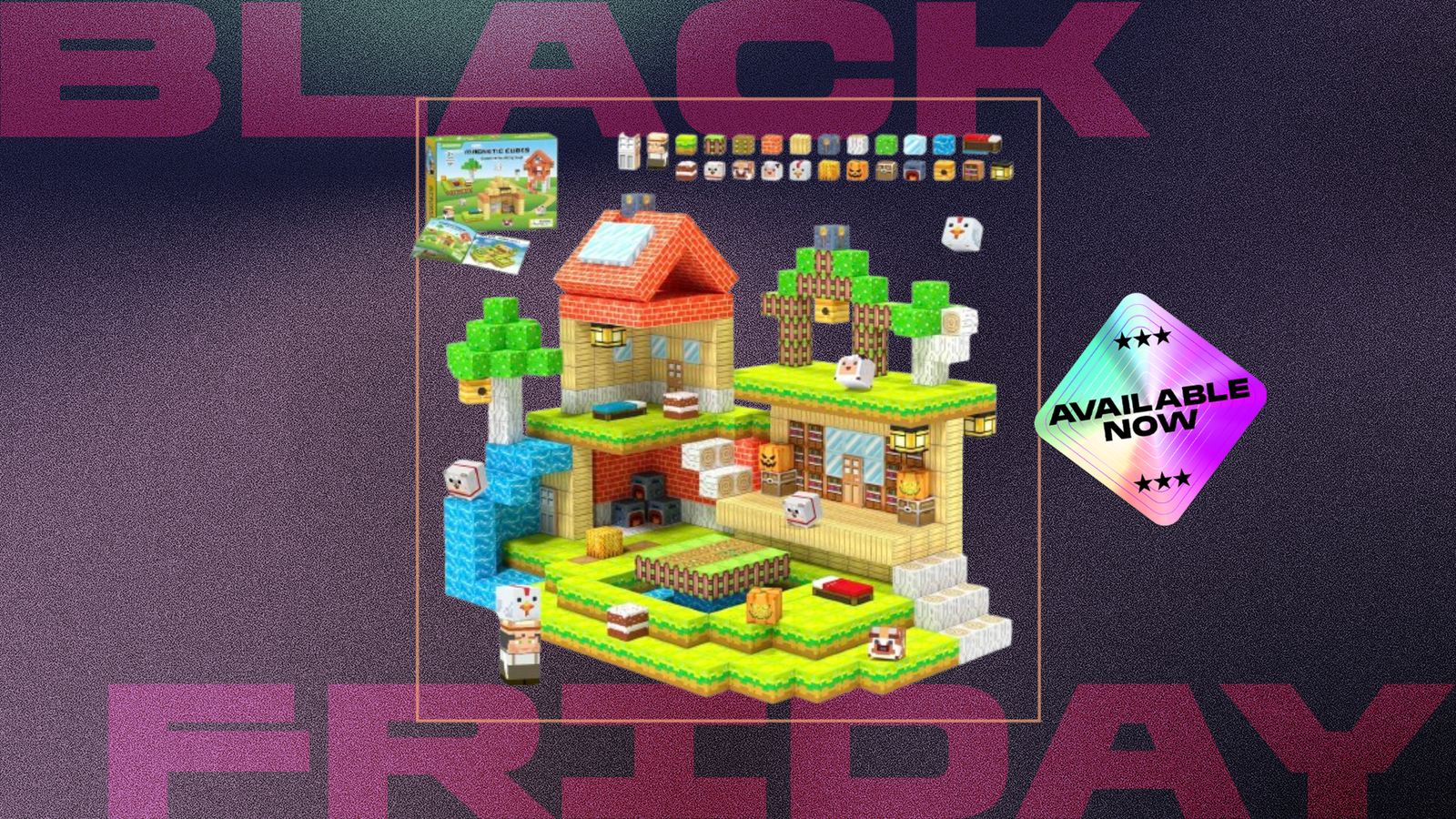 Magnetic cube home and yard against dark purple-black CNET background.