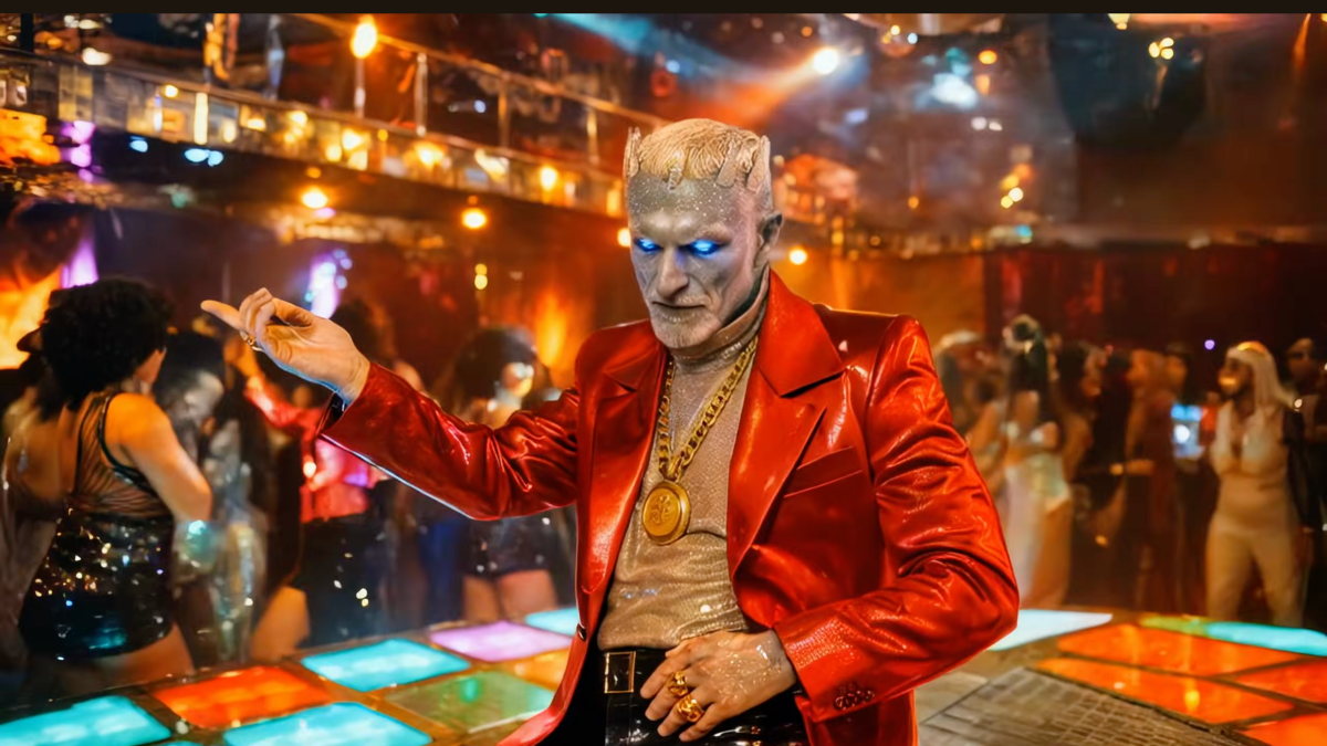 Game of Thrones white walker on an orange disco floor.
