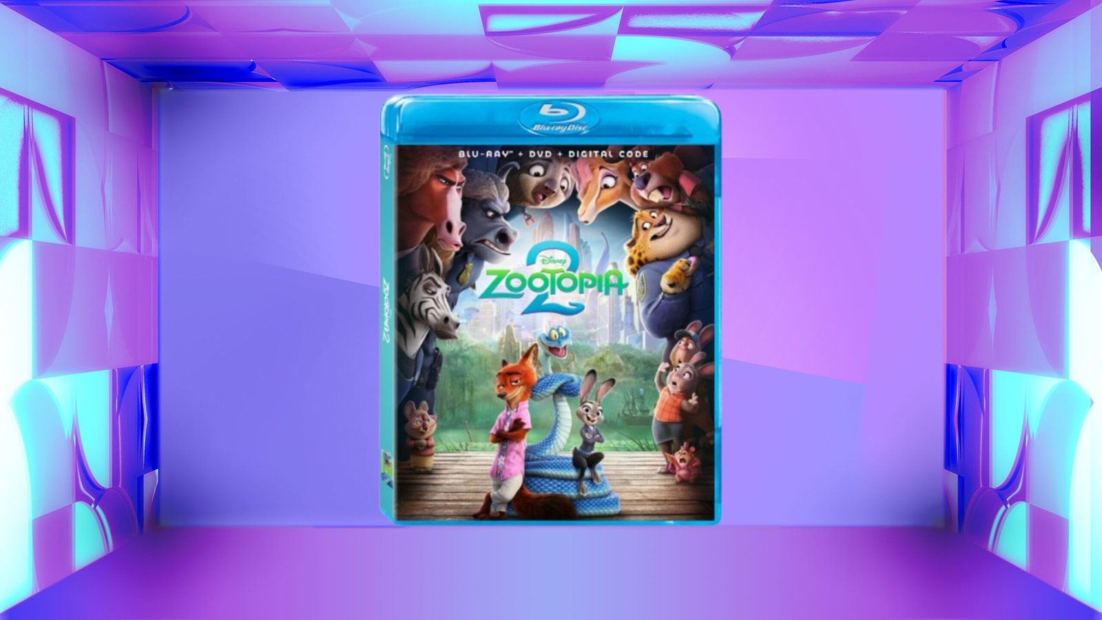Zootopia 2 on Blu Ray displayed against a gradient purple and blue background