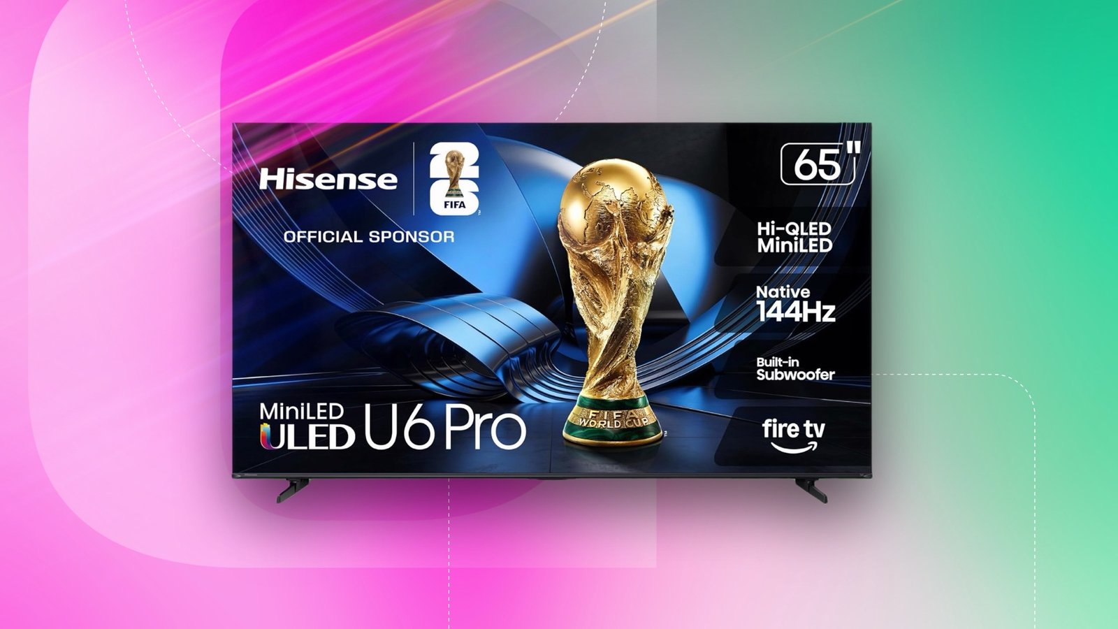 The 65-inch Hisense U6 Pro Series Mini‑LED ULED 4K UHD HDR gaming AI smart Fire TV is shown on a pink and green background