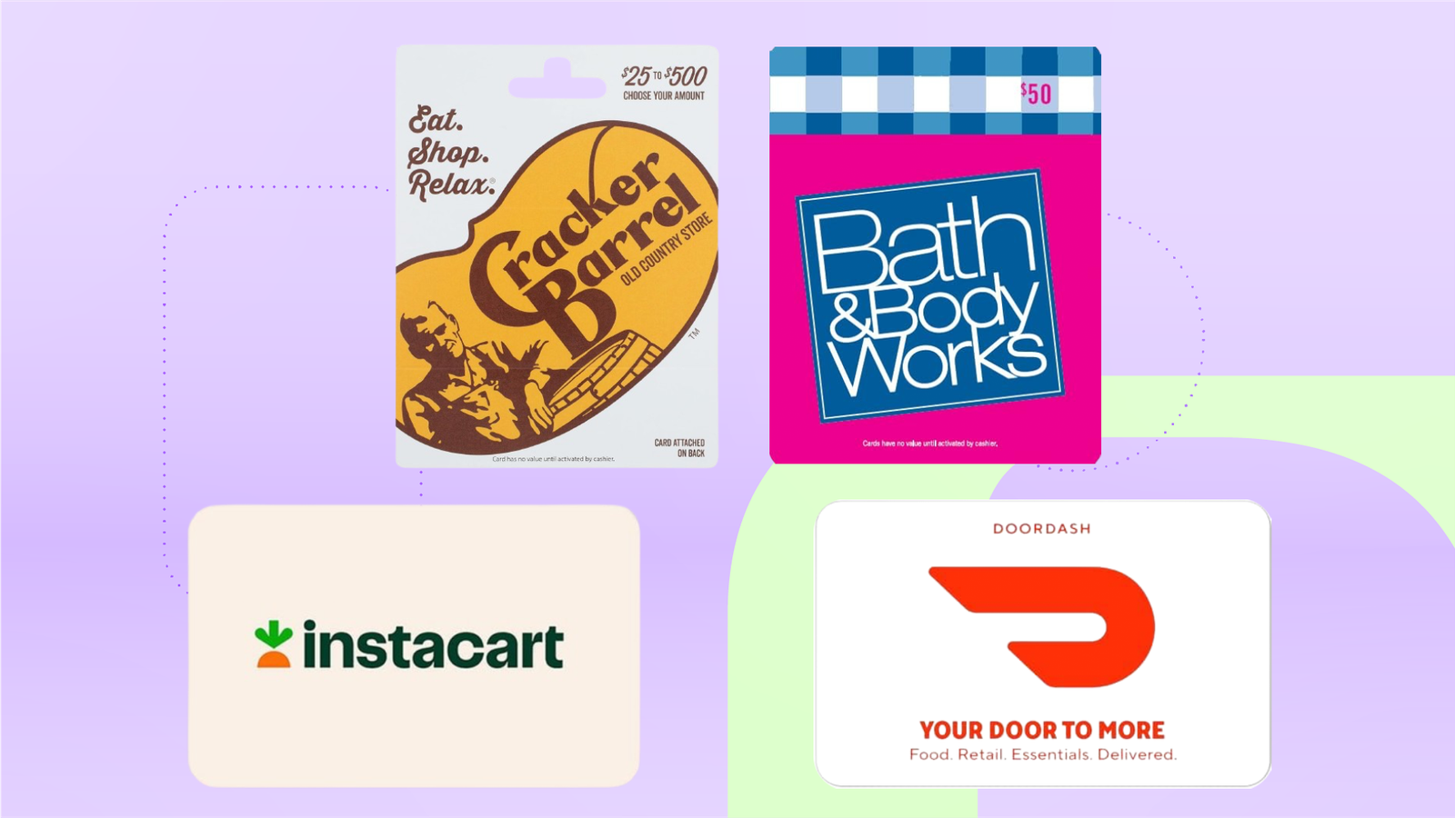 Gift cards from DoorDash, Instacart, Bath&Body Works and Cracker Barrel on display against a light purple CNET commerce background.