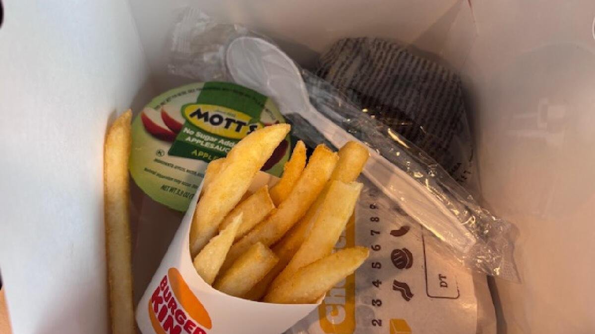 fries, apple sauce, a wrapped burger and a spoon in a box