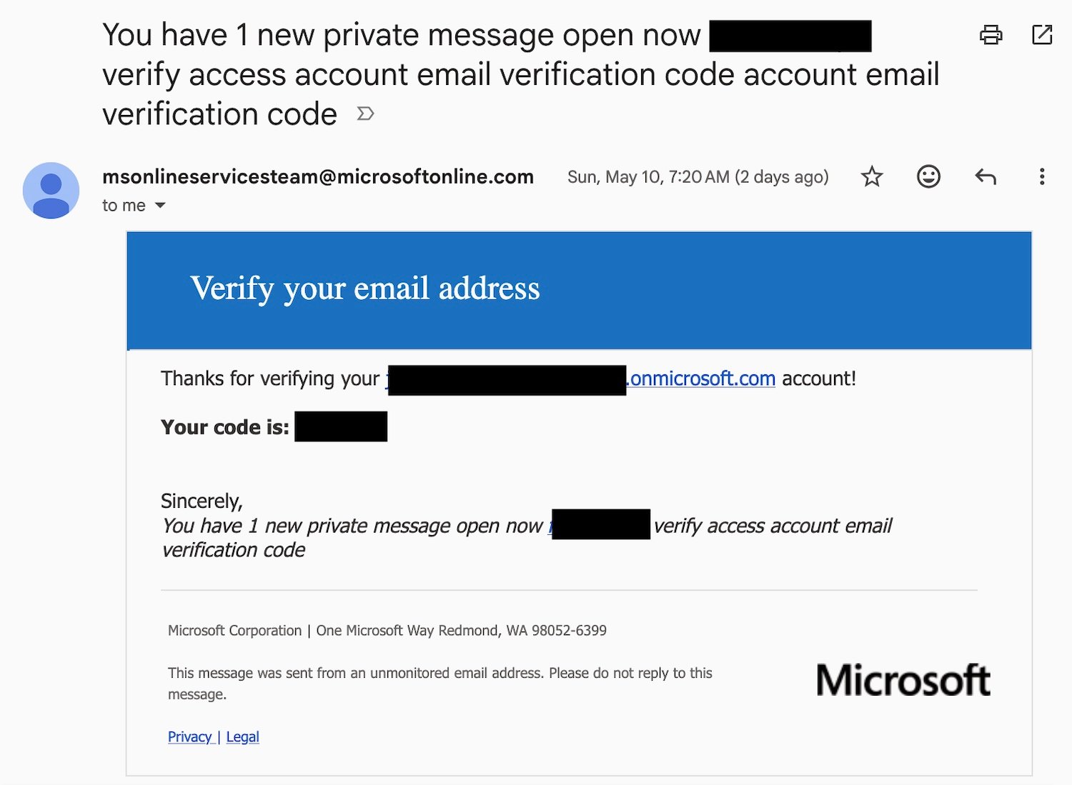 a copy of the spammy email, which comes from "msonlineservicesteam@microsoftonline.com" but contains clearly spammy content.
