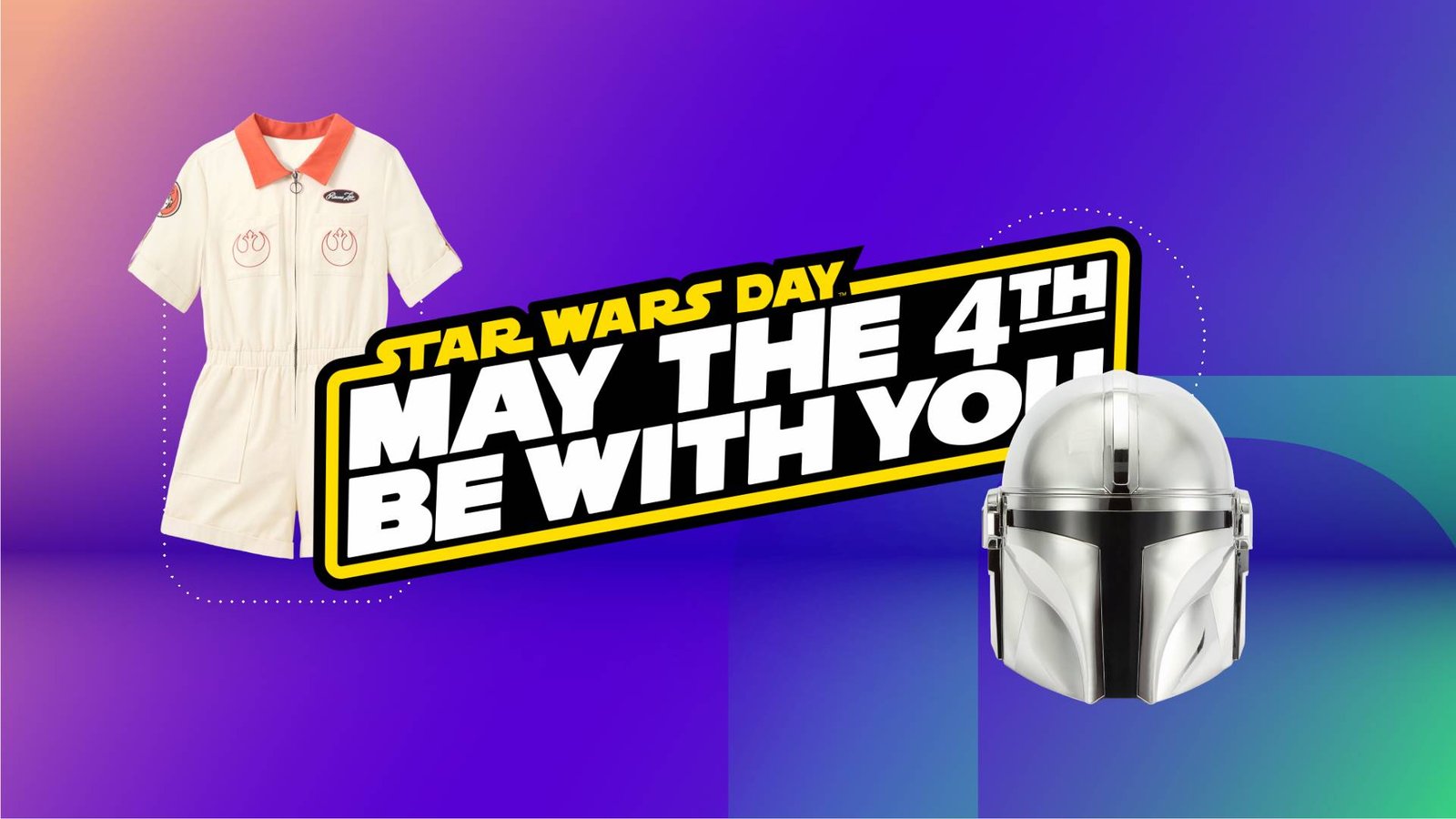 A romper, helmet and the text "May the 4th Be With You" against a purple gradient CNET background.