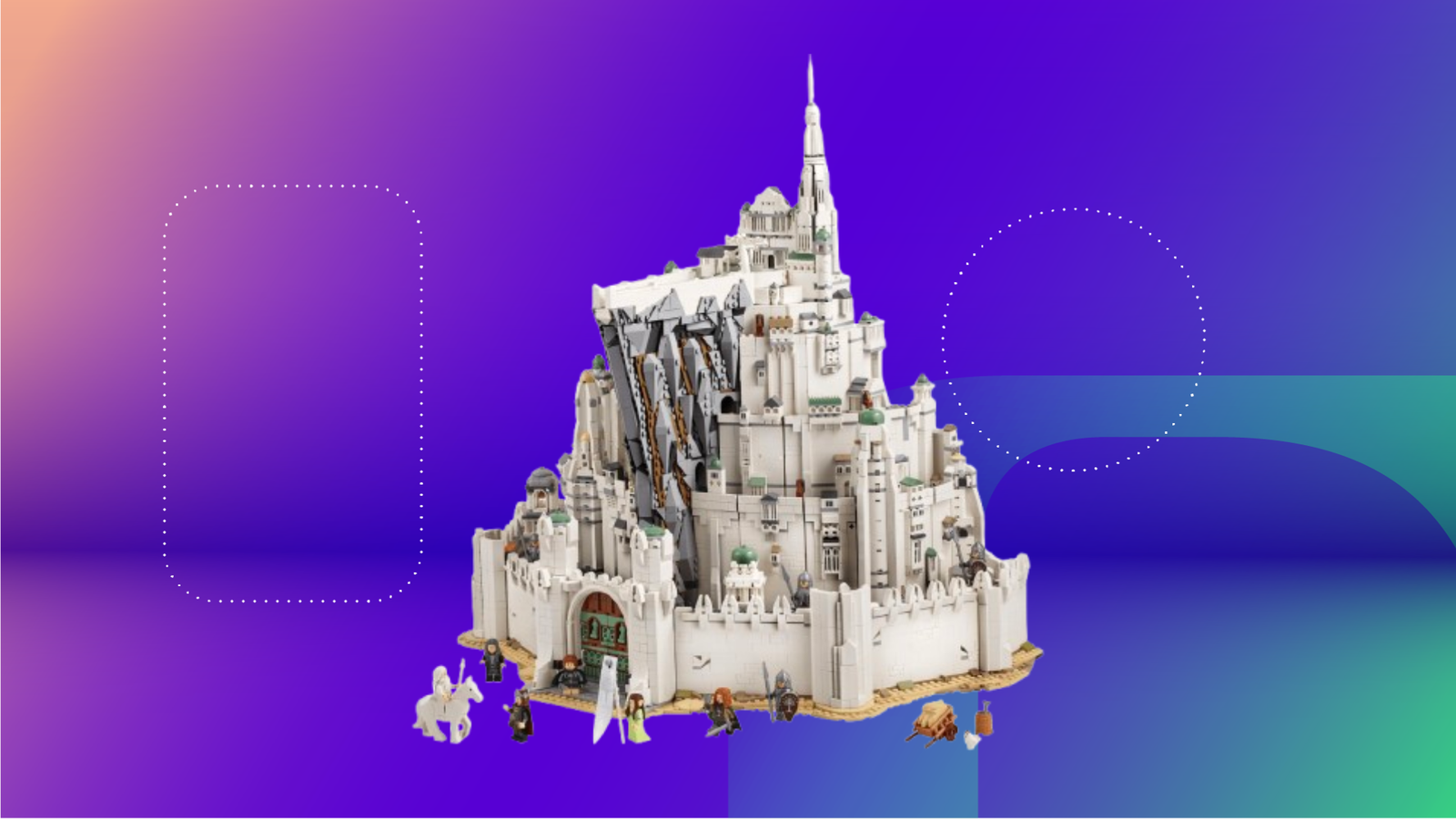Lego Minas Tirith against purple CNET background