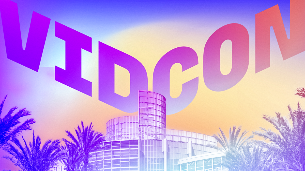 fancy building surrounded by palm trees with VID COM, in purples and pastels