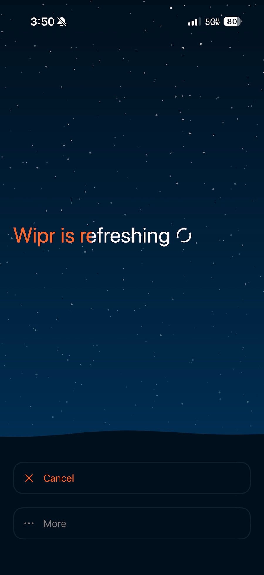 a screenshot of the Wipr app on iOS updating, with the words: "Wipr is refreshing" on screen