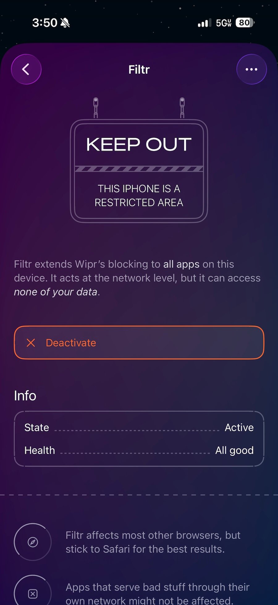 a screenshot of the Wipr app on iOS, showing the Filtr add-on, showing that it's activated and currently running.