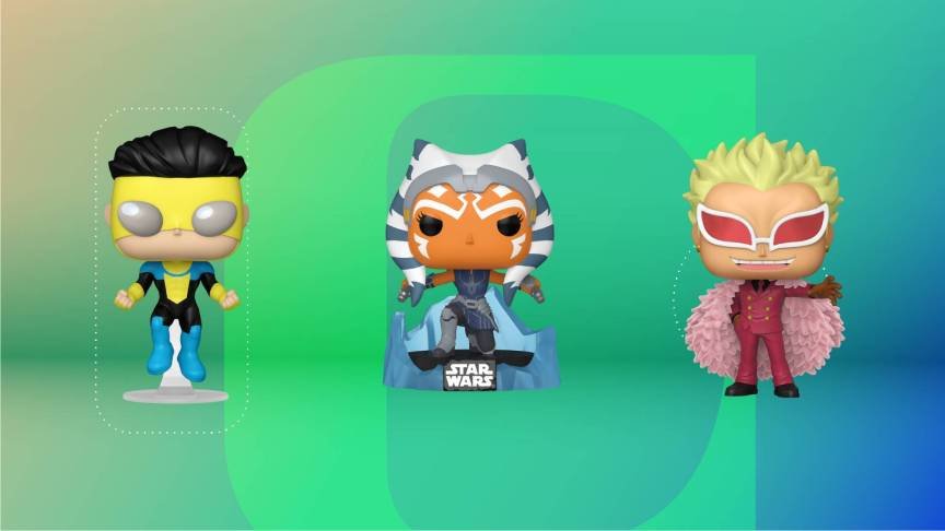 Three Funko figures against a green gradient CNET background.