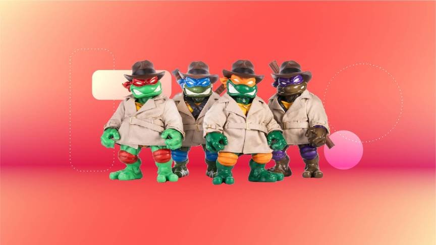 All four Ninja Turtle figures against a red gradient CNET background.