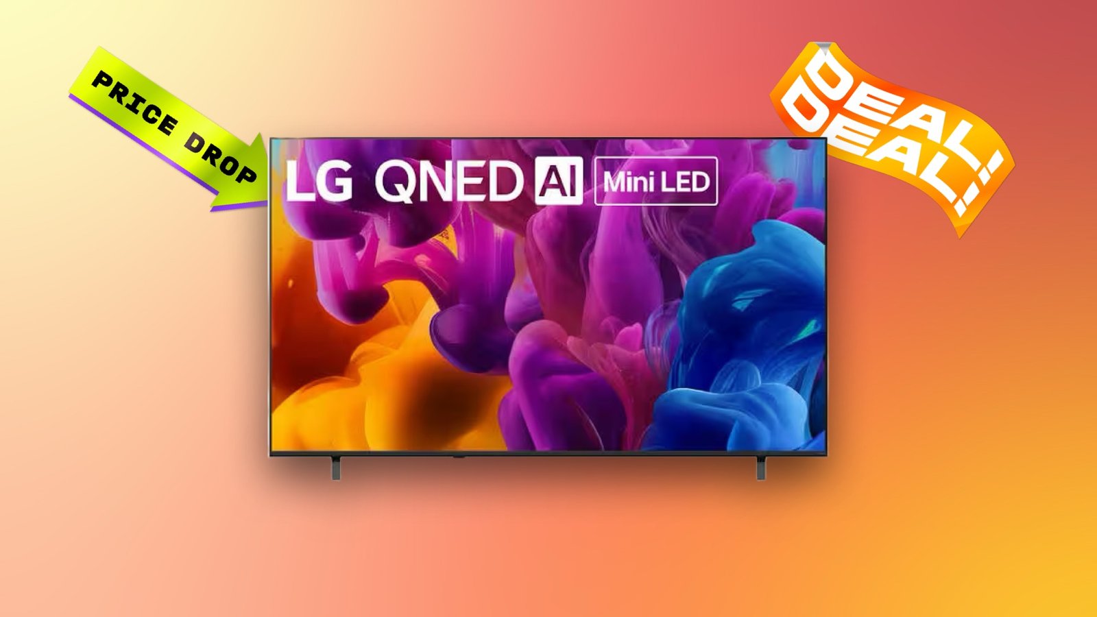 A television with two "price drop" and "deal deal" stickers on a yellow, orange CNET background.