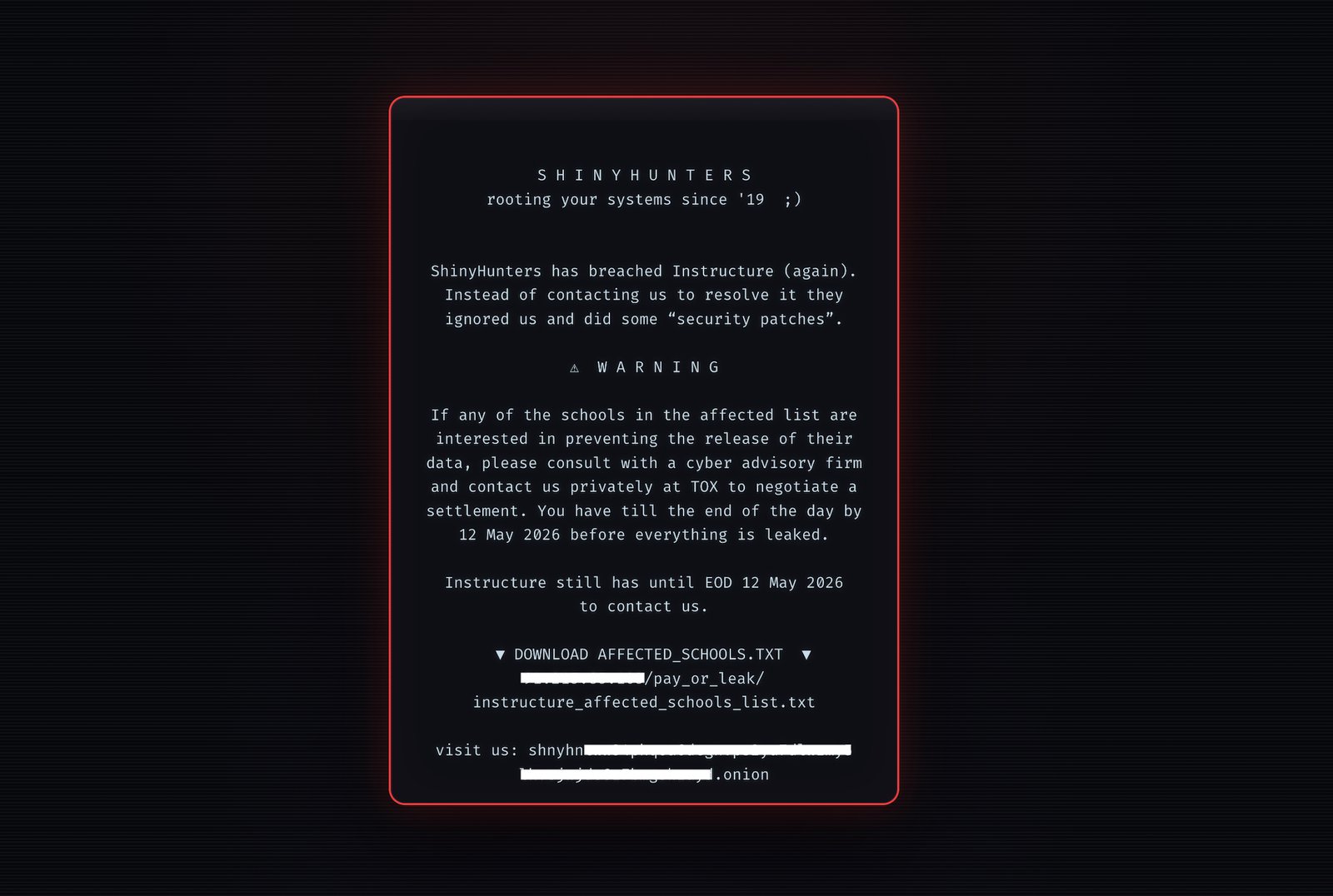 A redacted screenshot of the message ShinyHunters left on the hacked login pages of Instructure's platform Canvas.