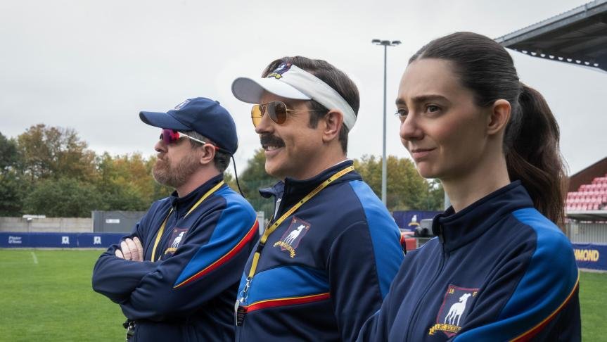 Brendan Hunt, Jason Sudeikis and Tanya Reynolds in Ted Lasso season 4.